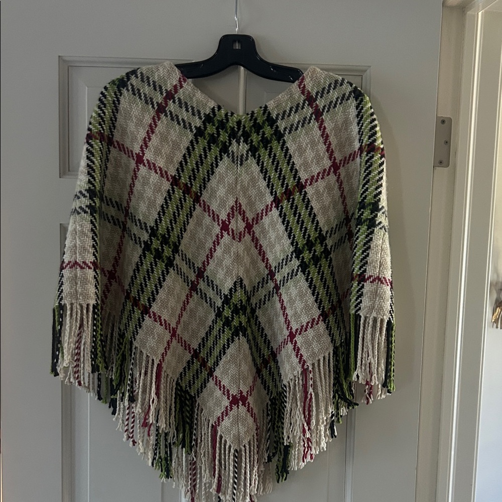 Burberry Cream Plaid Fringed Poncho with Green and Burgundy Accents